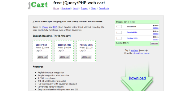 jCart - Free PHP-Ajax shopping cart downloaded over 63,000 times
